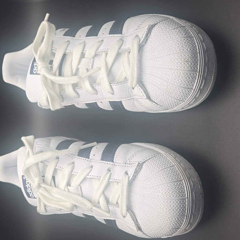 Adidas superstar, white with purple stripes. Size 8